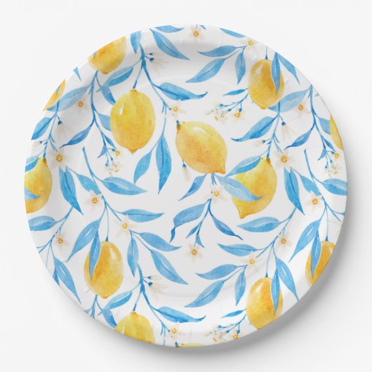 Waterverf Lemon en Blauwe Bladeren Papieren Bordje (Voorkant)