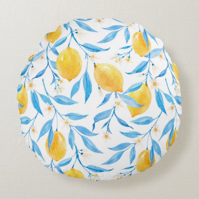 Waterverf Lemon en Blauwe Bladeren Rond Kussen (Voorkant)