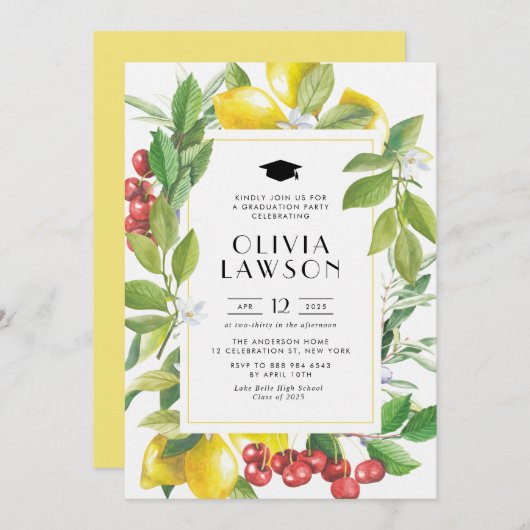 Waterverf Lemon en Cranberry Graduation Party Kaart (Voorkant / Achterkant)