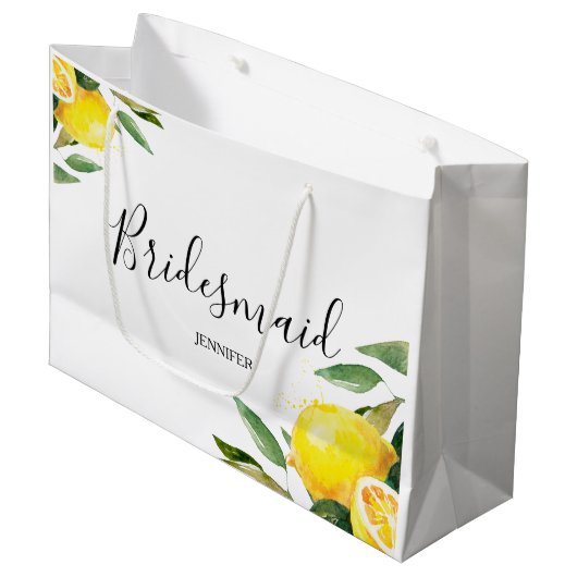 Waterverf Lemon en Leaves Bruidsmeisje Groot Cadeauzakje (Voorkant Gekanteld)
