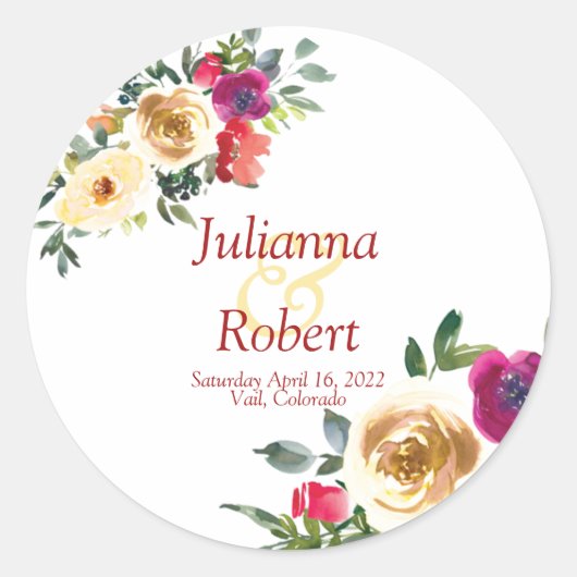 Waterverf lemon en magenta floral bruiloft classi ronde sticker (Voorkant)