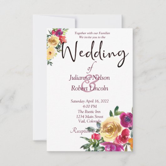 Waterverf lemon en magenta floral bruiloft invita kaart (Voorkant)