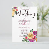 Waterverf lemon en magenta floral bruiloft invita kaart (Staand voorkant)