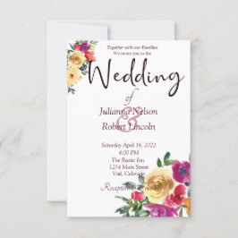 Waterverf lemon en magenta floral bruiloft invita kaart