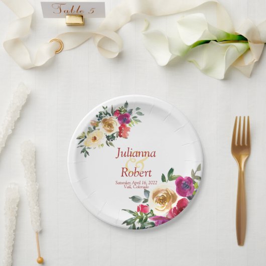 Waterverf lemon en magenta floral bruiloft papieren bordje (Huwelijk)