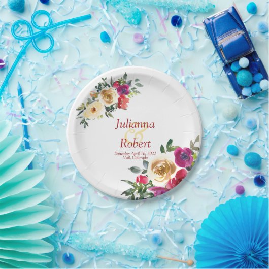 Waterverf lemon en magenta floral bruiloft papieren bordje (Feest)