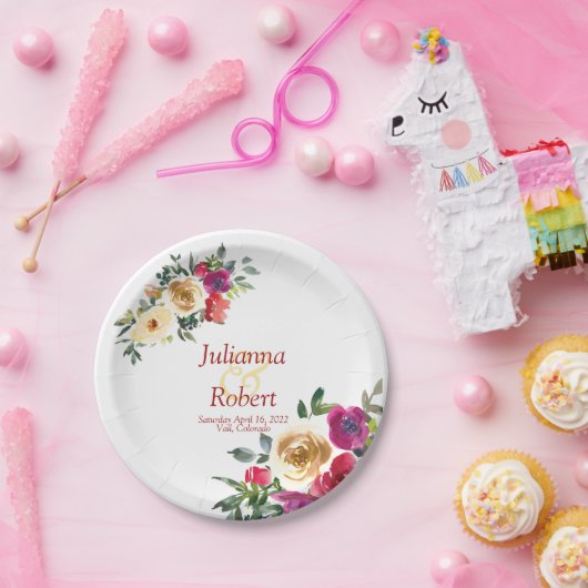 Waterverf lemon en magenta floral bruiloft papieren bordje (Feest)