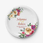 Waterverf lemon en magenta floral bruiloft papieren bordje (Voorkant)