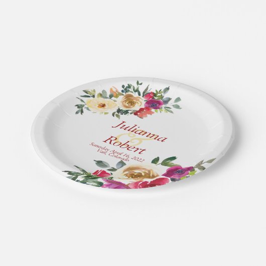 Waterverf lemon en magenta floral bruiloft papieren bordje (Gekanteld)