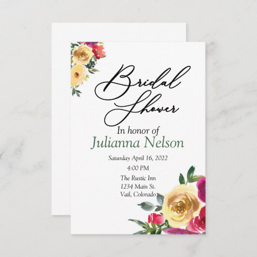 Waterverf lemon en magenta florale uitnodiging (Voorkant / Achterkant)