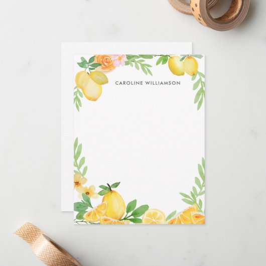 Waterverf Lemon Floral - Aangepast schrijfwerk Notitiekaartje (Voorkant / Achterkant in situ)