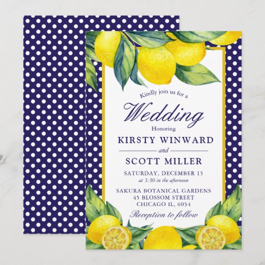 Waterverf Lemon Floral Blue Polka Dot Kaart (Voorkant / Achterkant)
