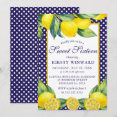 Waterverf Lemon Floral Blue Polka Dot Sweet 16 Kaart (Voorkant / Achterkant)