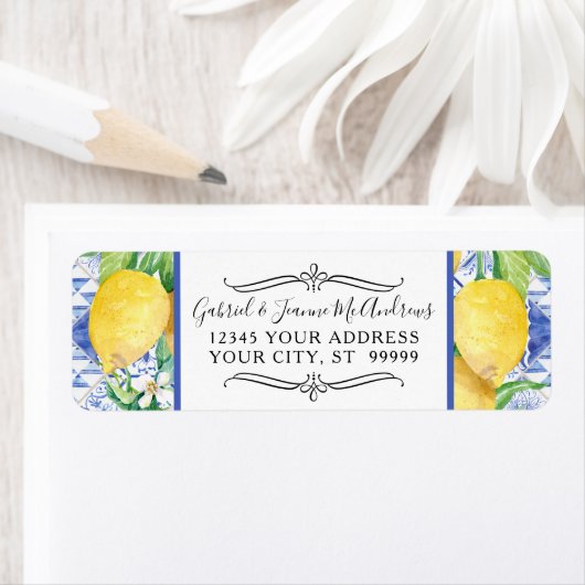 Waterverf Lemon Floral Greenery Wreath Blue White Etiket (Insitu)