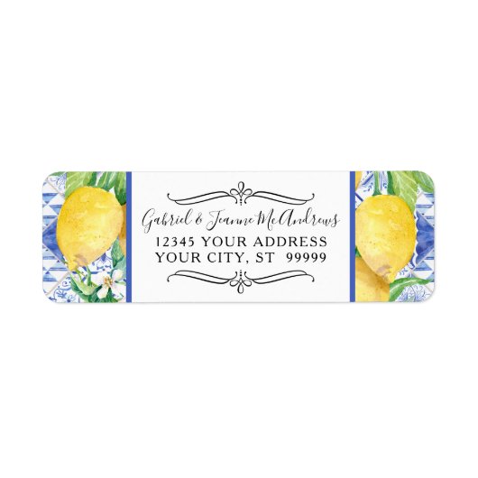 Waterverf Lemon Floral Greenery Wreath Blue White Etiket (Voorkant)