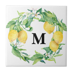 Waterverf Lemon Floral Wreath w Family Monogram Tegeltje