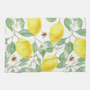 Waterverf Lemon Fruit, Lemon Blossom en bijen Theedoek