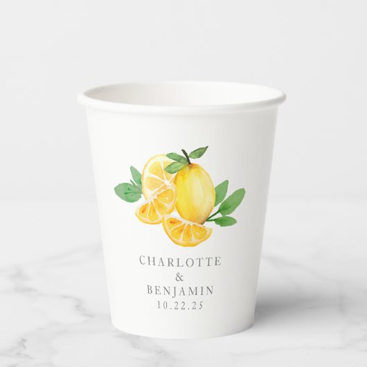 Waterverf Lemon Fruit Personalized Wedding Papieren Bekers (Voorkant)