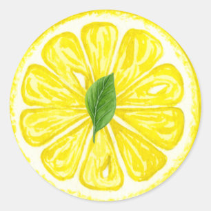 Waterverf Lemon Fruit Slice met Lemon Leaf Ronde Sticker