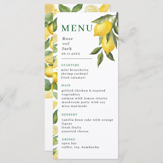 Waterverf Lemon Garden Wedding Menu (Voorkant / Achterkant)