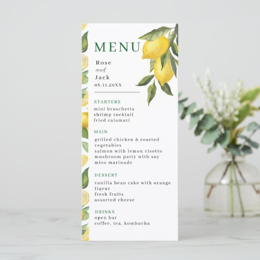 Waterverf Lemon Garden Wedding Menu (Staand voorkant)