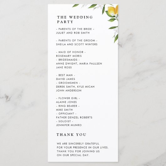 Waterverf Lemon gebladerte bruiloft programma Programmakaart (Achterkant)