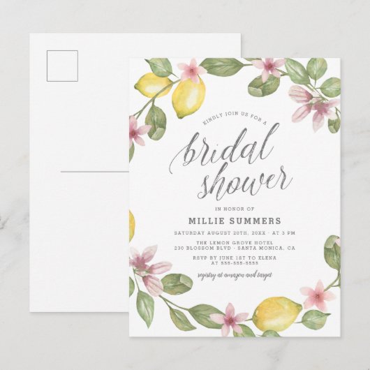 Waterverf Lemon Greenery Modern Vrijgezellenfeest Uitnodiging Briefkaart (Voorkant / Achterkant)