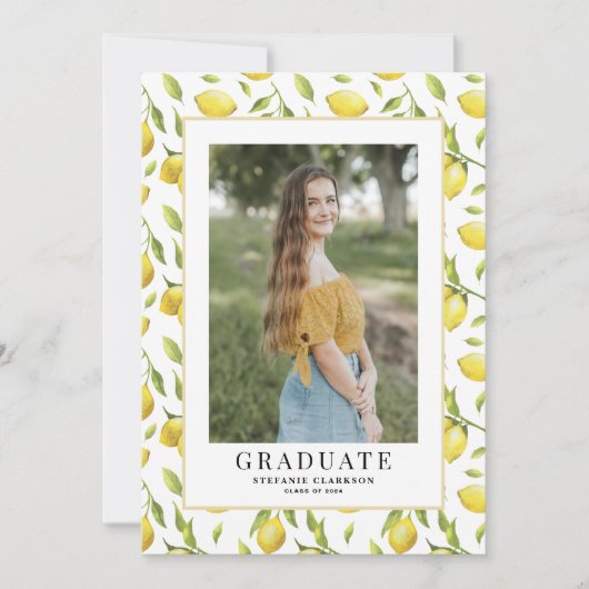 Waterverf Lemon Greenery Pattern Afstuderen Foto Kaart (Voorkant)