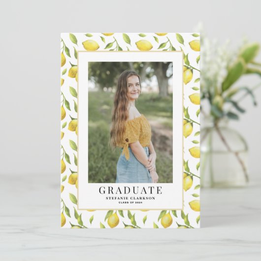 Waterverf Lemon Greenery Pattern Afstuderen Foto Kaart (Staand voorkant)