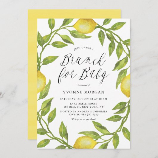 Waterverf Lemon Greenery Wreath Brunch voor Baby Kaart (Voorkant / Achterkant)