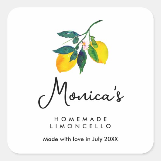 Waterverf Lemon Homemade Limoncello Lemoncello Vierkante Sticker (Voorkant)