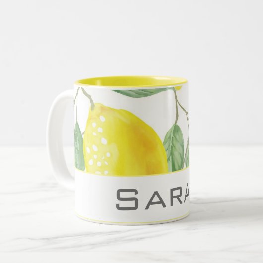 Waterverf Lemon laat wit geel monogram Tweekleurige Koffiemok (Voorkant links)