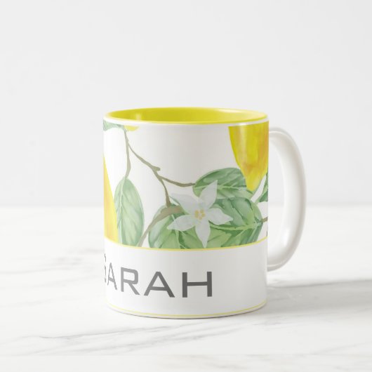 Waterverf Lemon laat wit geel monogram Tweekleurige Koffiemok (Voorkant rechts)