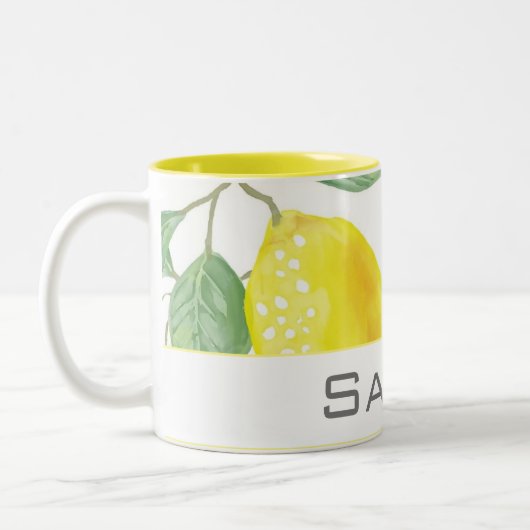 Waterverf Lemon laat wit geel monogram Tweekleurige Koffiemok (Links)