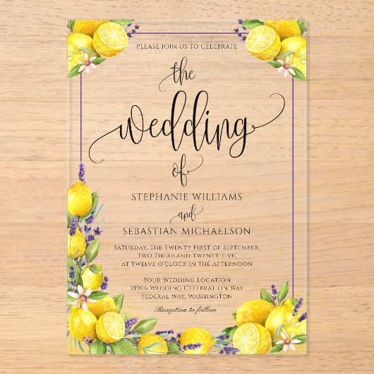 Waterverf Lemon Lavender Boho Wedding Acryl Uitnodigingen (Voorkant)