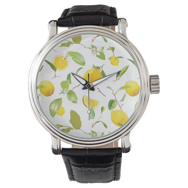 Waterverf Lemon & Leaves 2 Horloge (Voorkant)