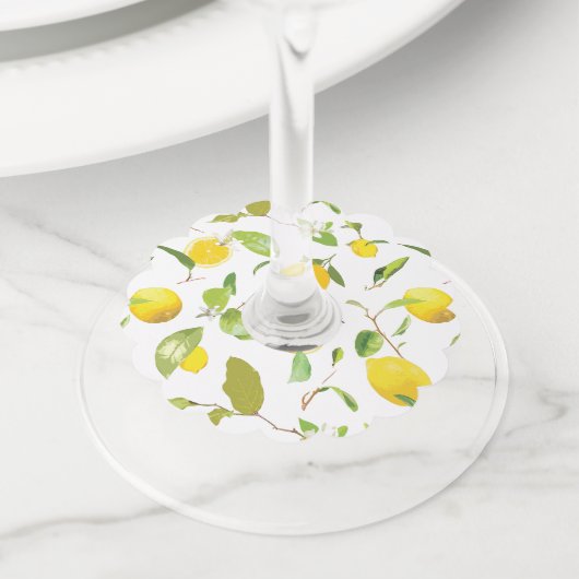 Waterverf Lemon & Leaves 2 Wijnglaslabel (Dichtbij)