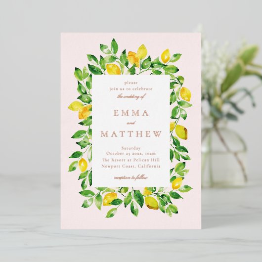 Waterverf Lemon Lijst in beige Achtergrond Folie Uitnodiging (Staand Voorkant)