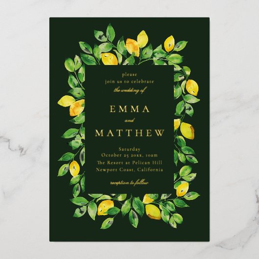Waterverf Lemon Lijst in donkere achtergrond Folie Uitnodiging (Voorkant)