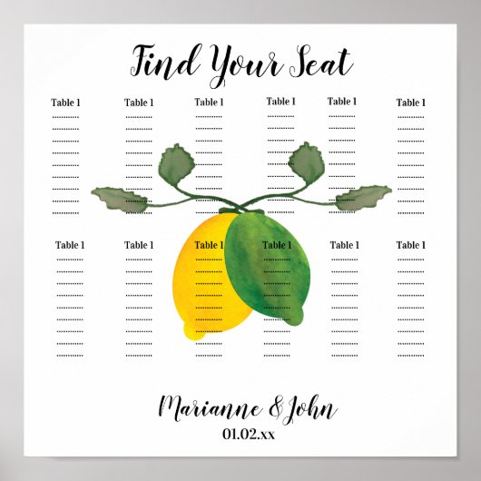 Waterverf Lemon Limoncillo Wedding Seding Chart Poster (Voorkant)