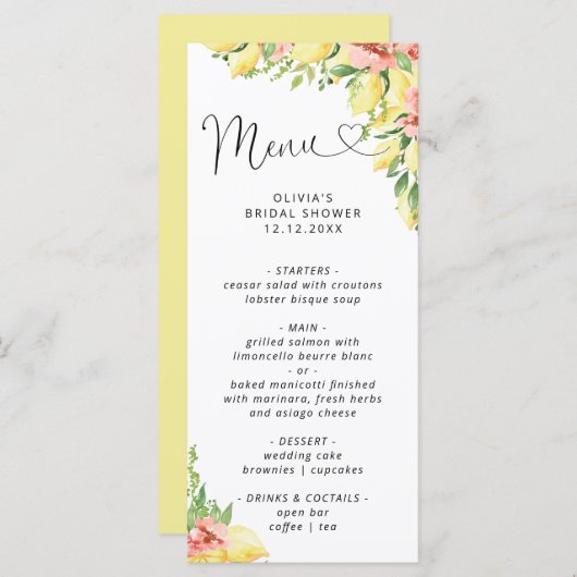 Waterverf Lemon Main Squeeze Vrijgezellenfeest Men Menu (Voorkant / Achterkant)