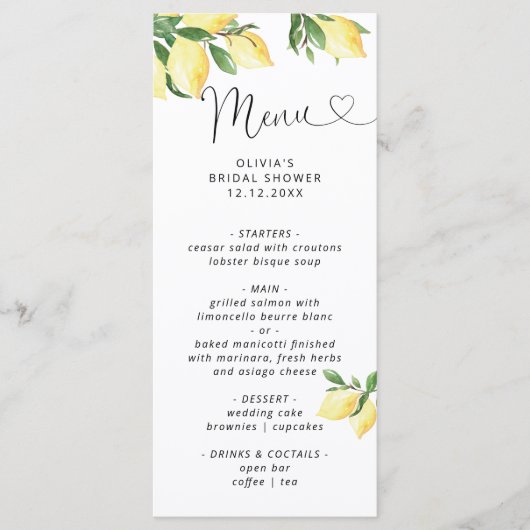 Waterverf Lemon Main Squeeze Vrijgezellenfeest Men Menu (Voorkant)