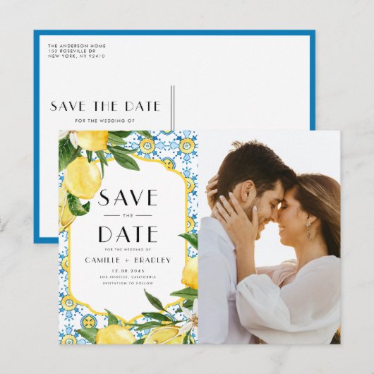 Waterverf Lemon Mediterrane Foto Bewaar de Datum Aankondigingskaart (Voorkant / Achterkant)