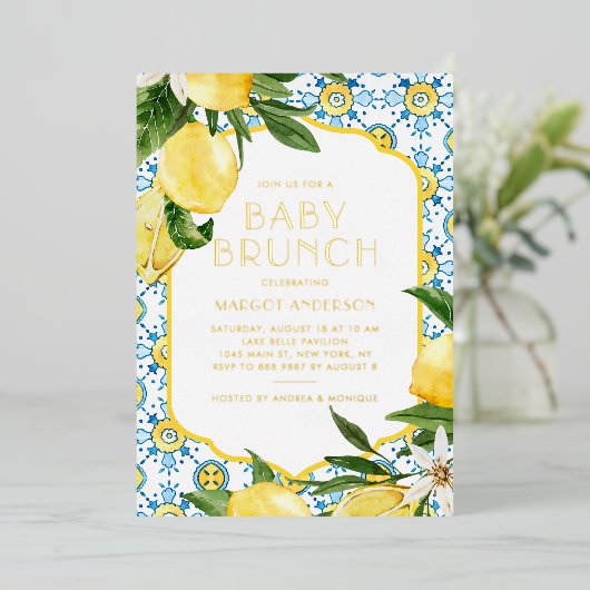 Waterverf Lemon Mediterranean Summer Baby Brunch Folie Uitnodiging (Staand Voorkant)
