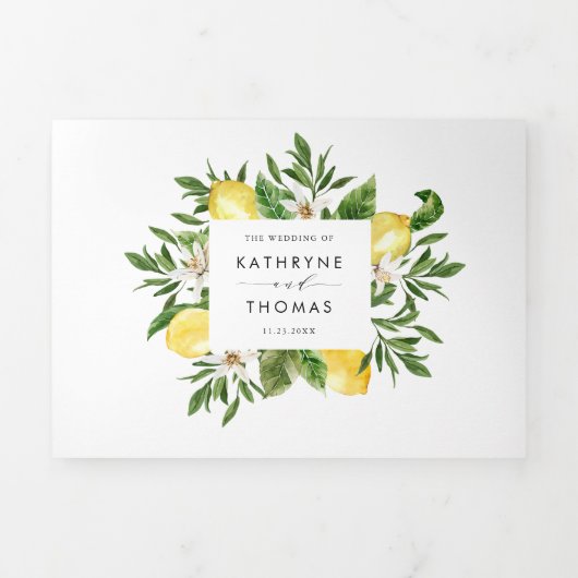 Waterverf Lemon Mediterranean Summer Wedding Drieluik Uitnodiging (Cover)