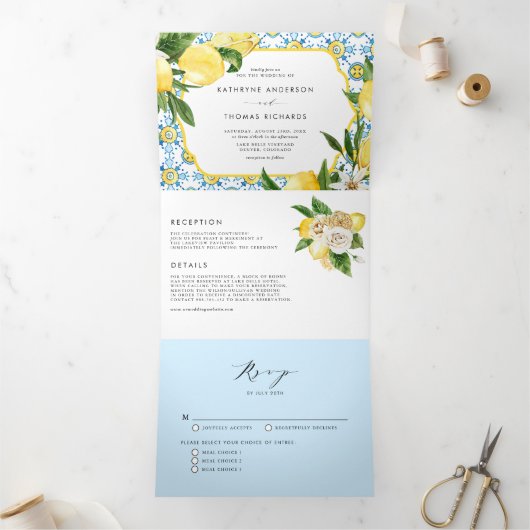 Waterverf Lemon Mediterranean Summer Wedding Drieluik Uitnodiging (Binnen)