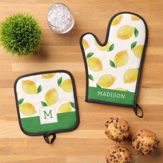 Waterverf Lemon Patroon Ovenwant & Pannenlap Set (Top down)