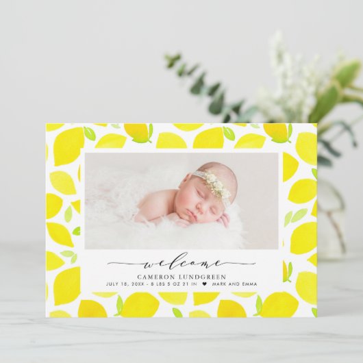 Waterverf Lemon Pattern Foto geboorteaankondiging Aankondiging (Staand voorkant)