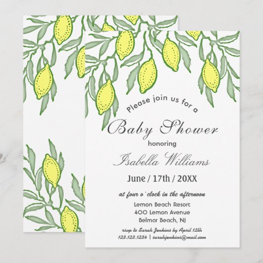 Waterverf Lemon Summer Baby shower Uitnodiging (Voorkant / Achterkant)