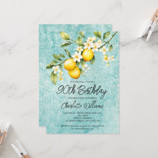 Waterverf Lemon Theme 90th Birthday Kaart (Voorkant / Achterkant in situ)
